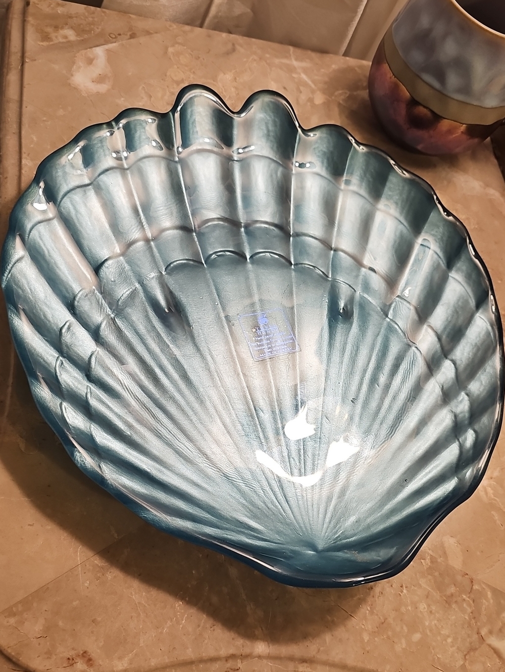 Blue Iridescent Shell-Shaped Glass Bowl 12"L X 10"W Brand New With Tags